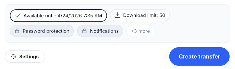 Available settings for a transfer as an unregistered user
