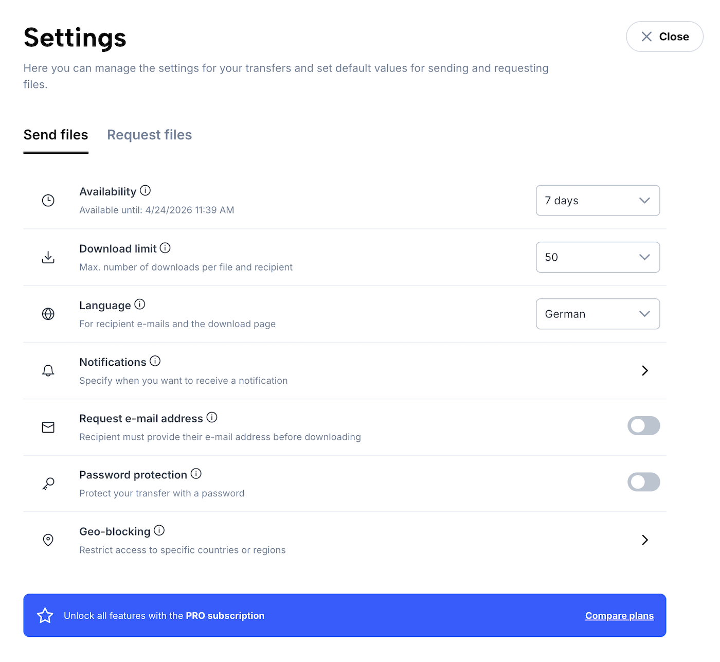 Standard settings for a user to send and receive files
