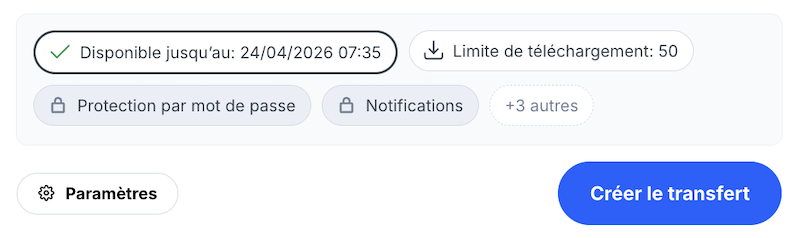 Paramètres disponibles pour un transfert en tant qu’utilisateur non enregistré