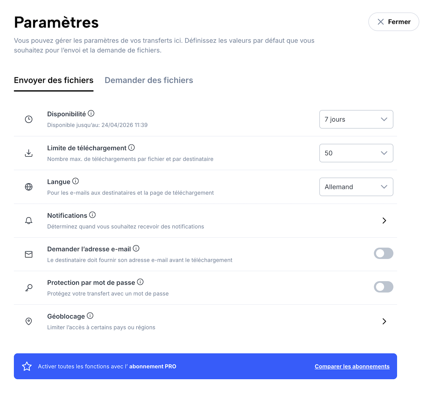 Paramètres par défaut d’un utilisateur pour l’envoi et la réception de fichiers