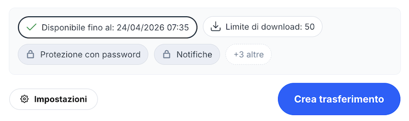 Impostazioni disponibili per un trasferimento come utente non registrato