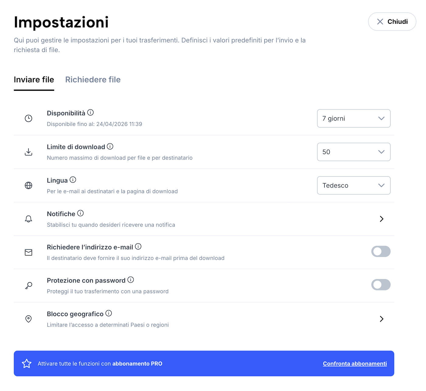 Impostazioni predefinite di un utente per l’invio e la ricezione di file