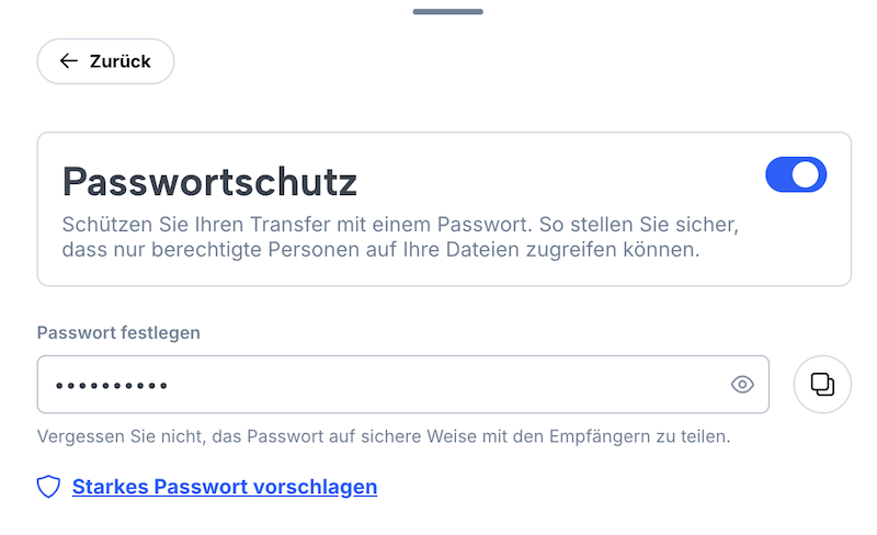 Seite zum Setzen eines Passworts für einen neuen Transfer