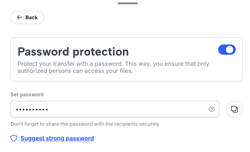 Page for setting a password for a new transfer