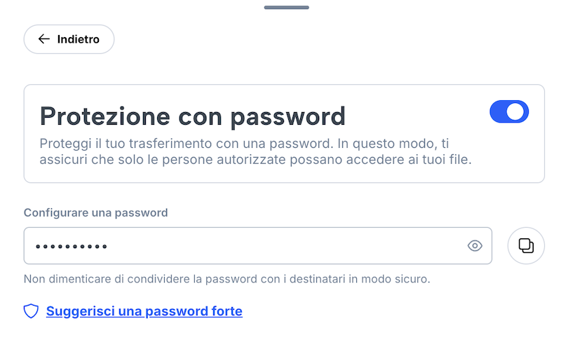 Pagina per impostare una password per un nuovo trasferimento