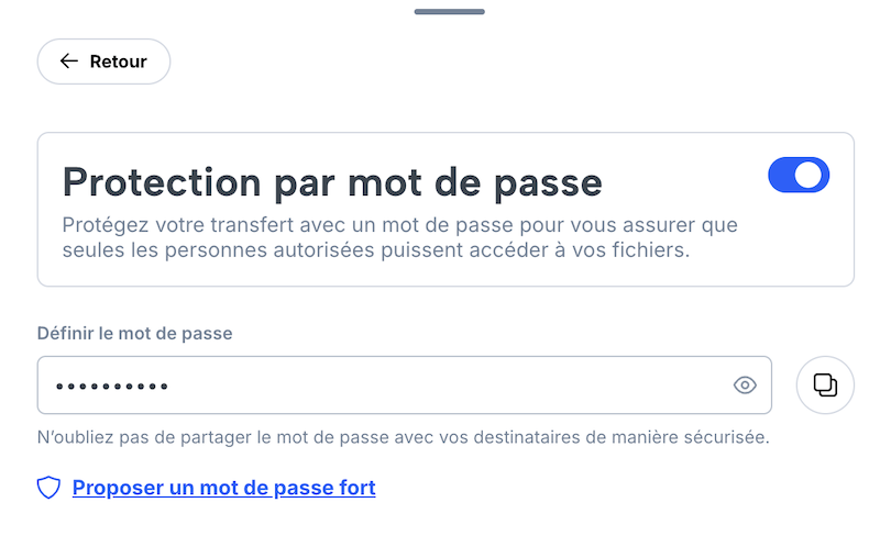 Page pour définir un mot de passe pour un nouveau transfert