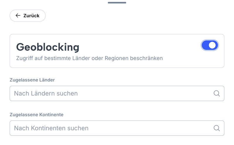 Seite für die Konfiguration des Geoblockings. Auswahlfelder für zugelassene Länder und Kontinente.
