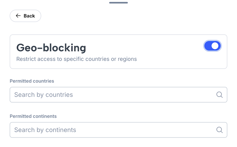 Page for configuring geo-blocking. Drop-down fields for allowed countries and continents.