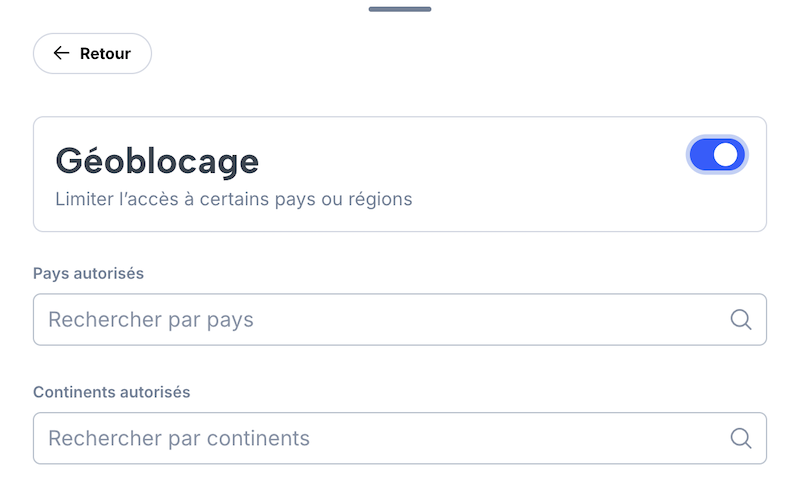 Page de configuration du géoblocage. Sélection des pays et continents autorisés.
