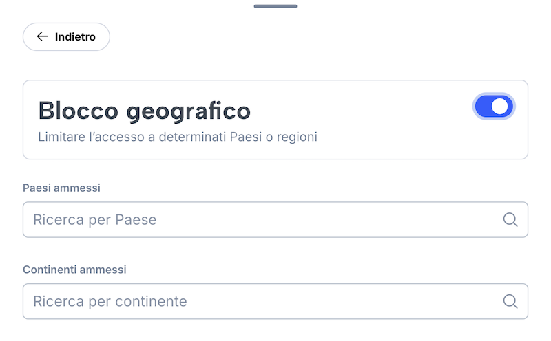 Pagina di configurazione del geoblocco. Caselle di selezione per i paesi e i continenti autorizzati.