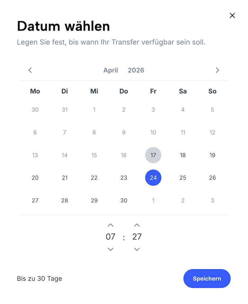 Overlay mit Kalender, in dem ein neues Ablaufdatum für den Transfer gesetzt werden kann