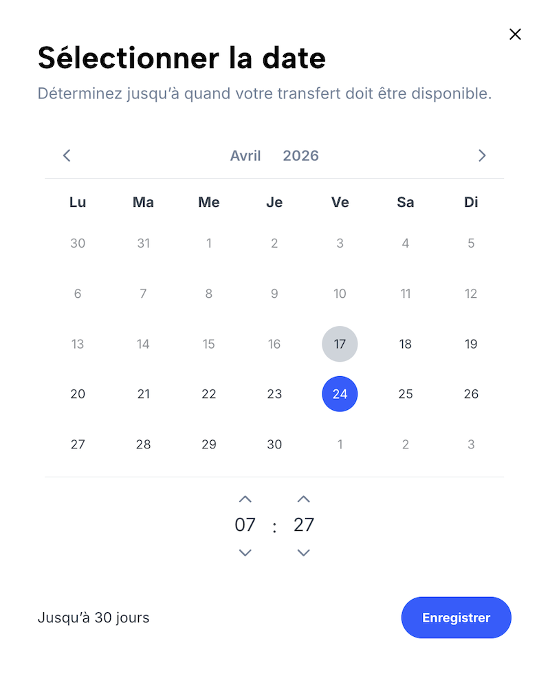 Overlay avec calendrier, dans lequel une nouvelle date d’échéance pour le transfert peut être définie