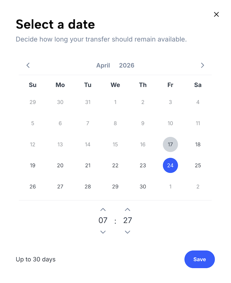 Overlay with calendar, where a new expiration date for the transfer can be set