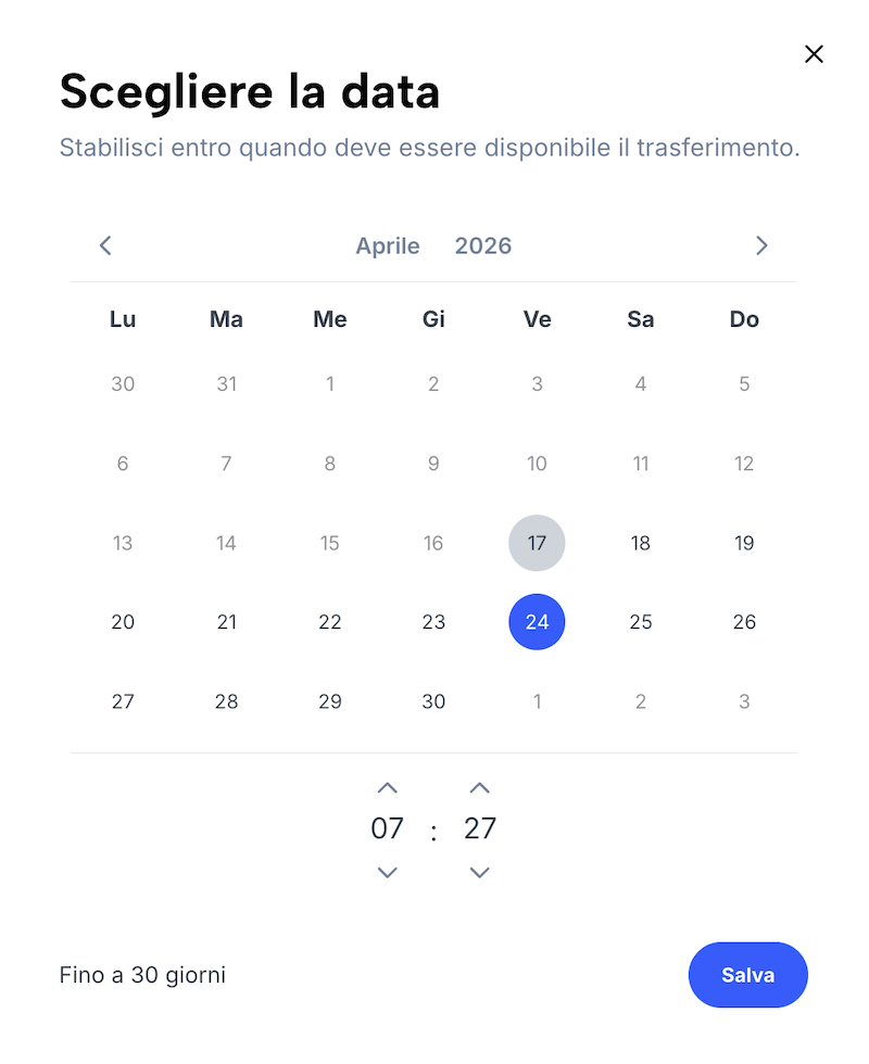 Overlay con calendario, in cui è possibile impostare una nuova data di scadenza per il trasferimento