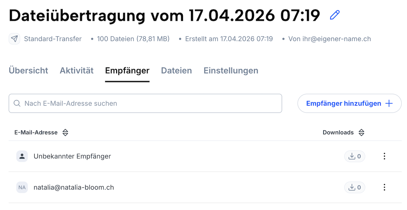 Liste der Empfänger eines Transfers, mit Button zum Teilen des Links mit weiteren Personen.