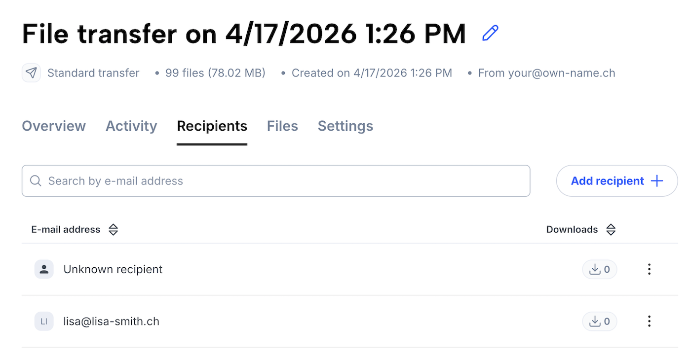List of recipients of a transfer, with a button to share the link with more people.