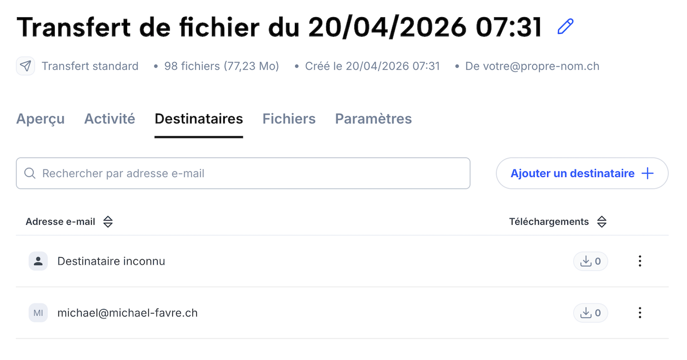 Liste des destinataires d’un transfert, avec bouton pour partager le lien avec d’autres personnes.
