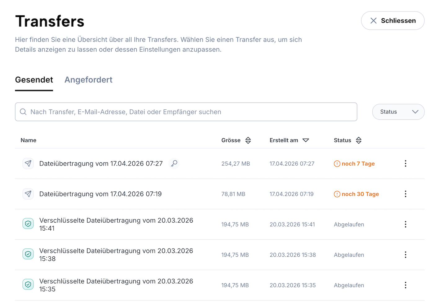 Übersicht aller Transfers eines Benutzers, unterteilt nach "Gesendet" und "Angefordert".