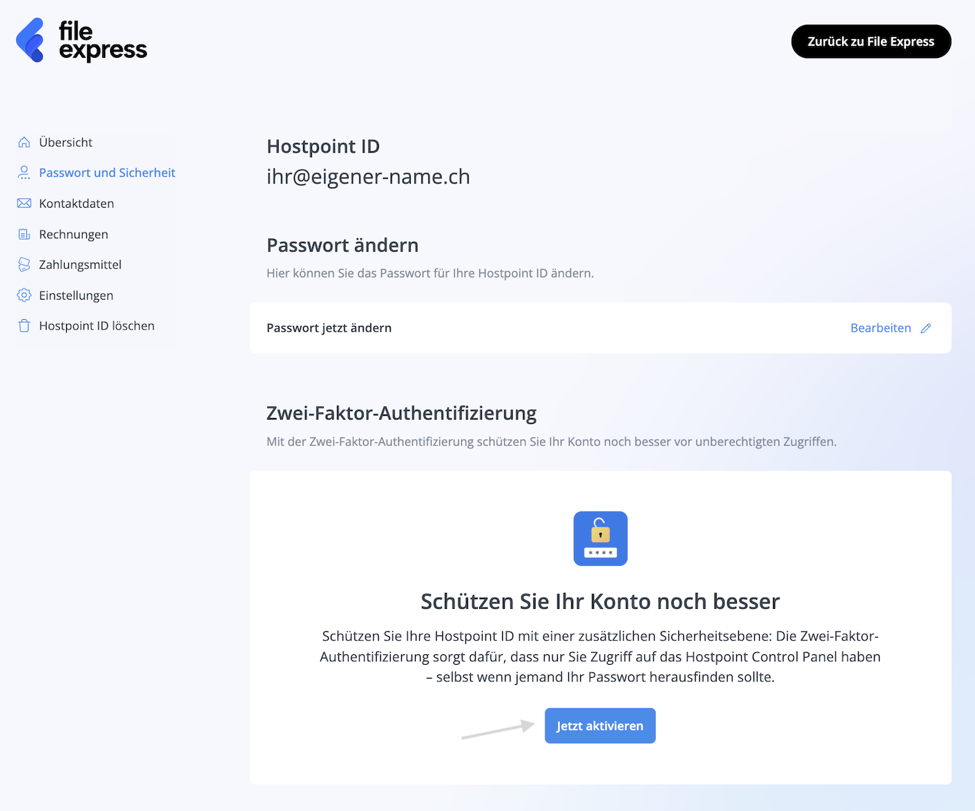 Einstellungen zu "Passwort & Sicherheit" im Hostpoint Control Panel, mit Button zur Aktivierung der Zwei-Faktor-Authentifizierung.