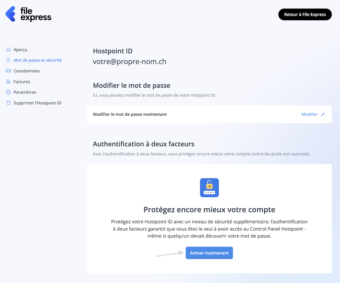 Paramètres de «&nbsp;Mot de passe et sécurité&nbsp;» dans le Control Panel Hostpoint, avec bouton pour activer l’authentification à deux facteurs.