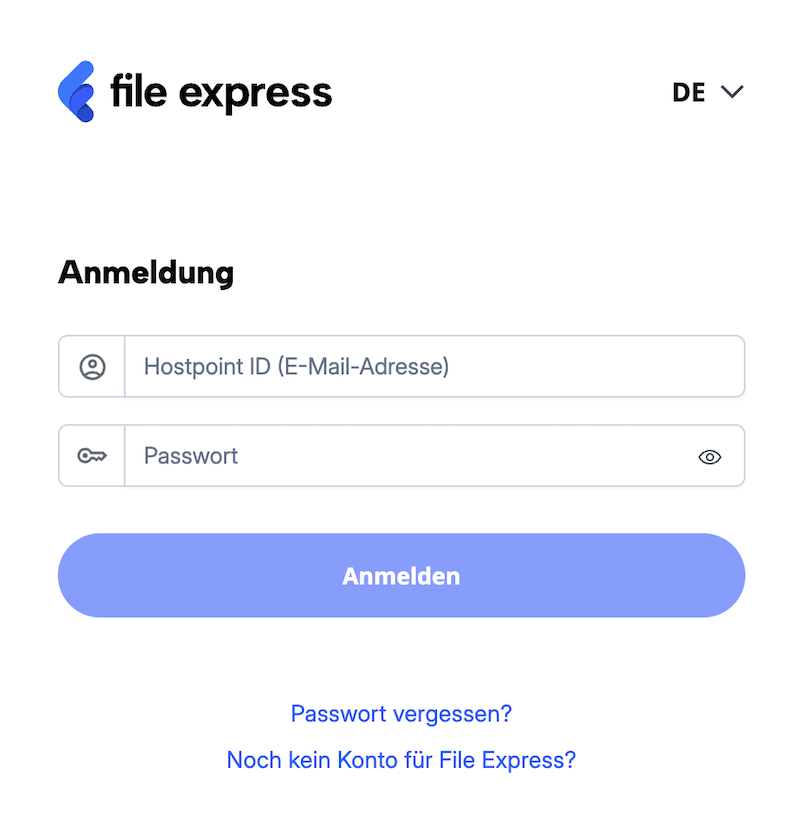 Login-Seite von File Express, mit Option "Passwort vergessen?".