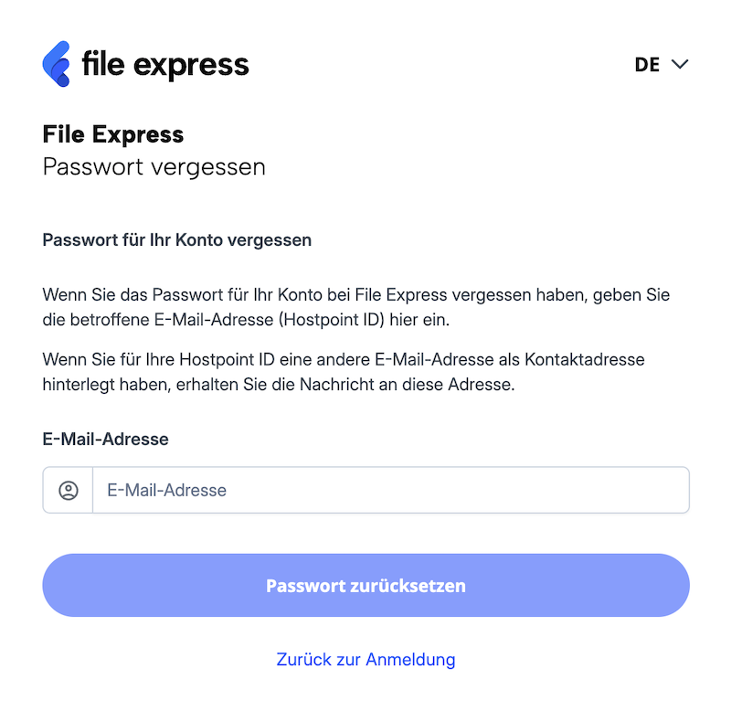 Seite zum Zurücksetzen des Passworts, mit Eingabefeld für die E-Mail-Adresse.