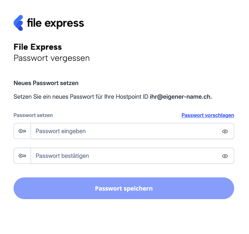 Seite zum Zurücksetzen des Passworts, mit Eingabefeldern für das alte und neue Passwort.