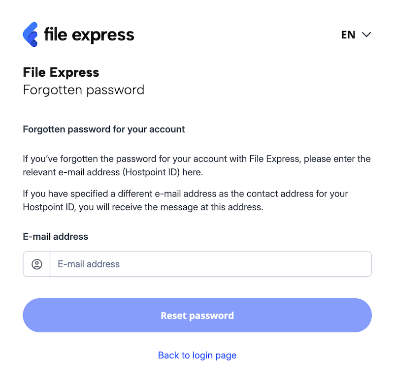 Password reset page, with input field for the email address.