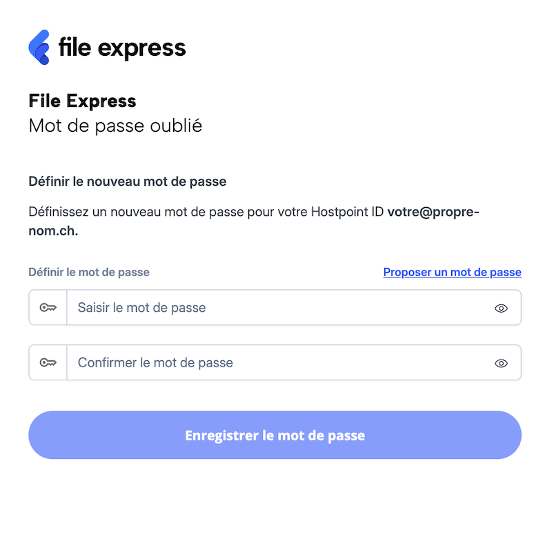 Page de réinitialisation du mot de passe, avec des champs d’entrée pour l’ancien et le nouveau mot de passe.