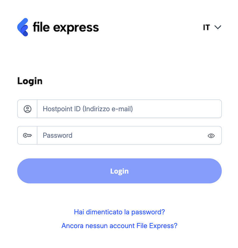 Pagina di accesso di File Express, con l’opzione “Password dimenticata?”.