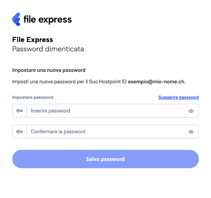Pagina per il reset della password, con campi di input per la vecchia e la nuova password.