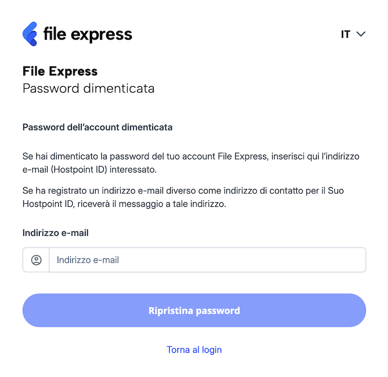 Pagina di reimpostazione della password, con campo di inserimento per l’indirizzo e-mail.