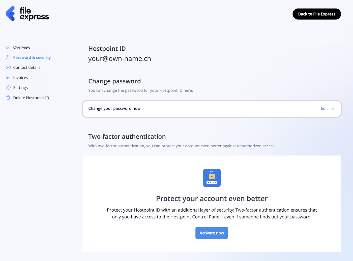 Settings for "Password & security" in the Hostpoint Control Panel, option to change the password highlighted.