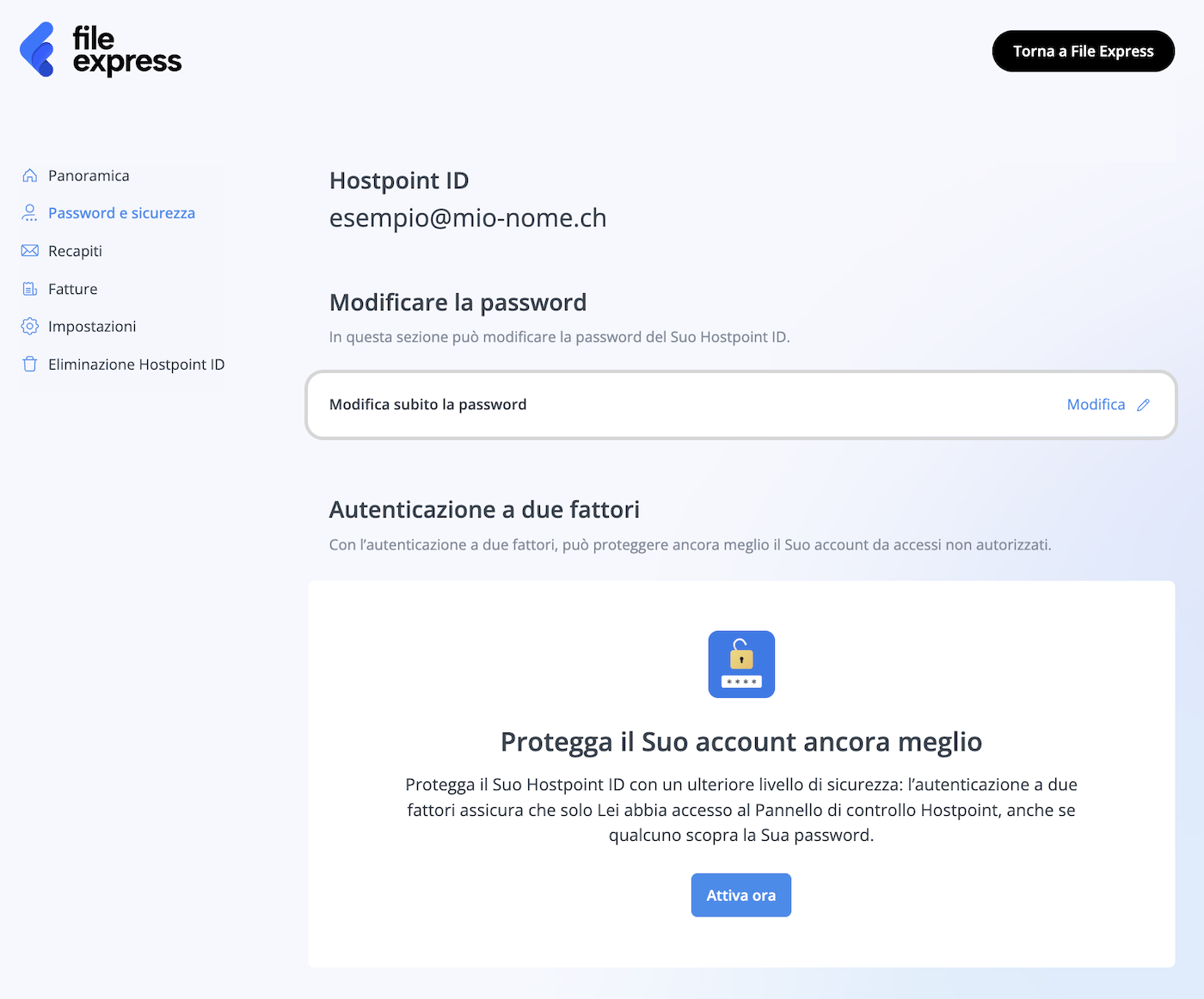 Impostazioni di “Password & Sicurezza” nel Pannello di controllo Hostpoint, opzione per cambiare la password evidenziata.