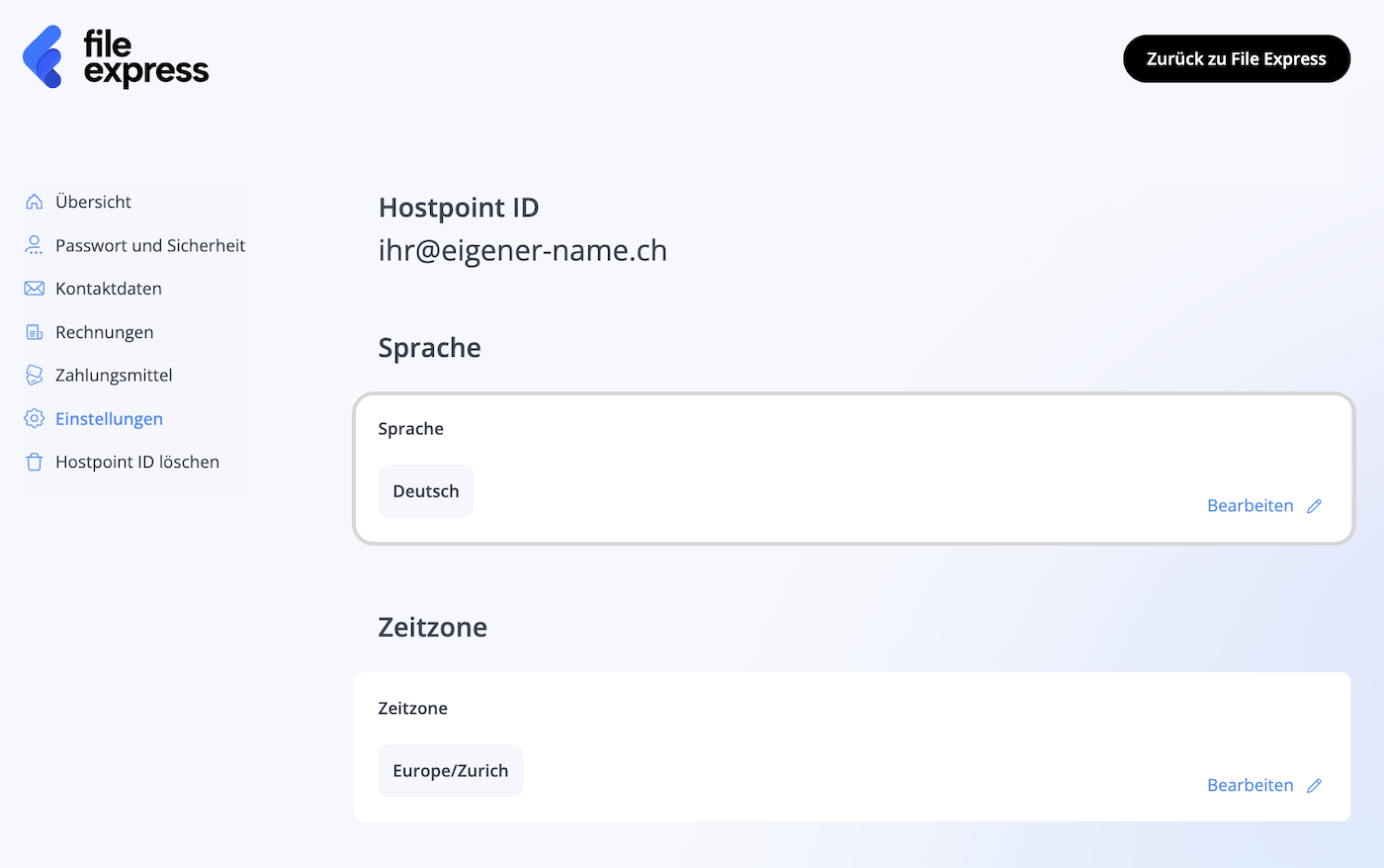 Einstellungen im Hostpoint Control Panel, Option zum Ändern der Sprache umrandet.