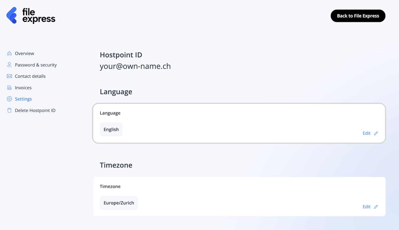 Settings in the Hostpoint Control Panel, option to change the language highlighted.