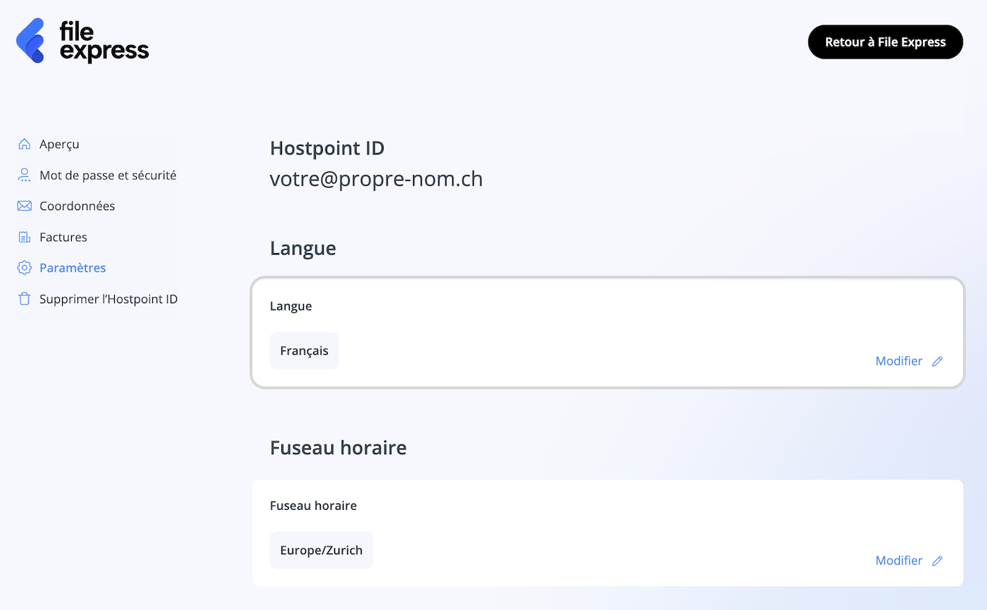Paramètres dans le Control Panel Hostpoint, l’option permettant de changer la langue est surlignée.