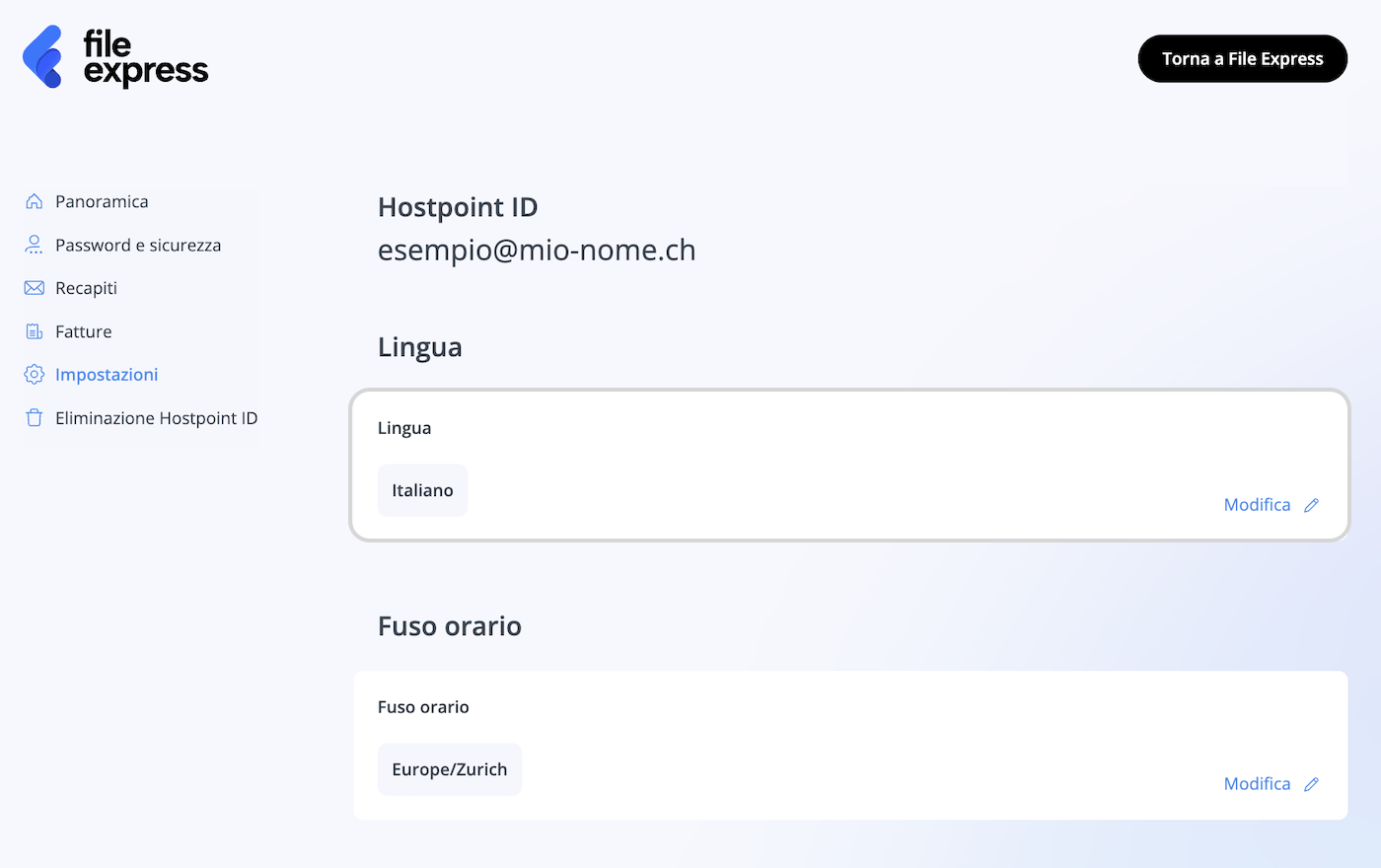 Impostazioni nel Pannello di controllo Hostpoint, opzione per cambiare la lingua evidenziata.