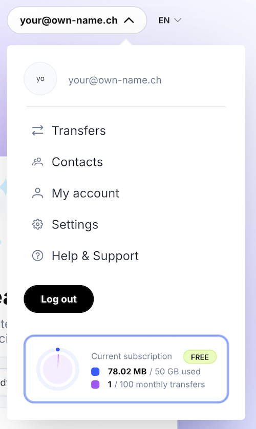 Menu with information about the current subscription usage (storage space & transfers) of the user is highlighted.