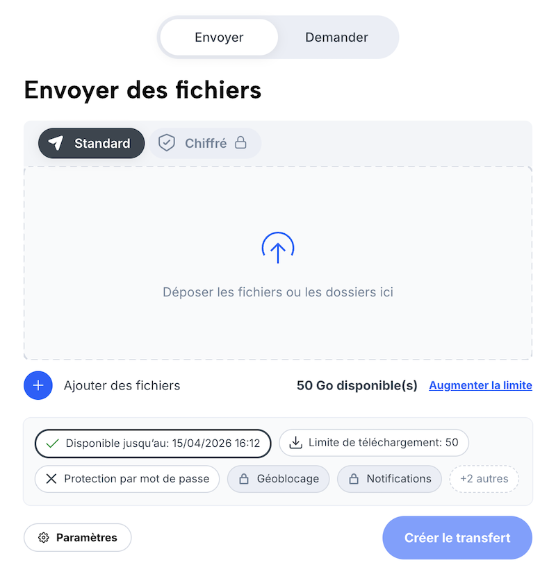 Formulaire de transfert (envoi de fichiers) avec indication de l’espace de stockage actuellement disponible.