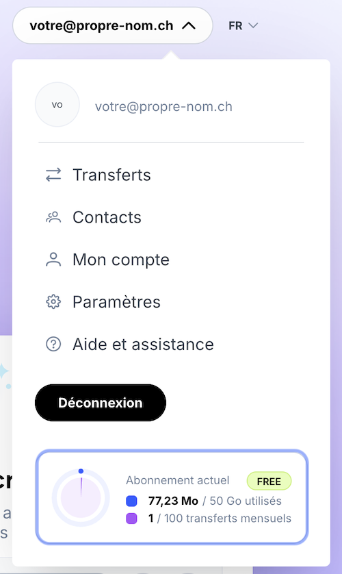 Menu avec informations sur l’utilisation actuelle de l’abonnement (espace de stockage et transferts) de l’utilisateur.
