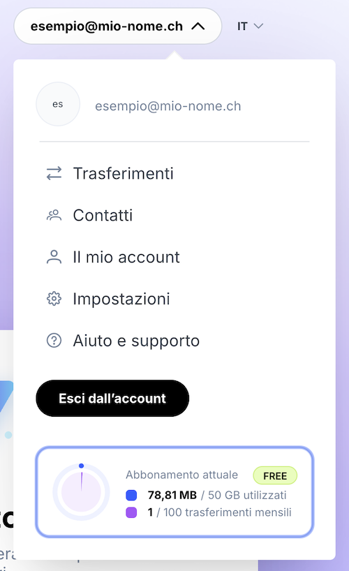Menu con informazioni sull’utilizzo attuale dell’abbonamento (spazio di archiviazione e trasferimenti) dell’utente.