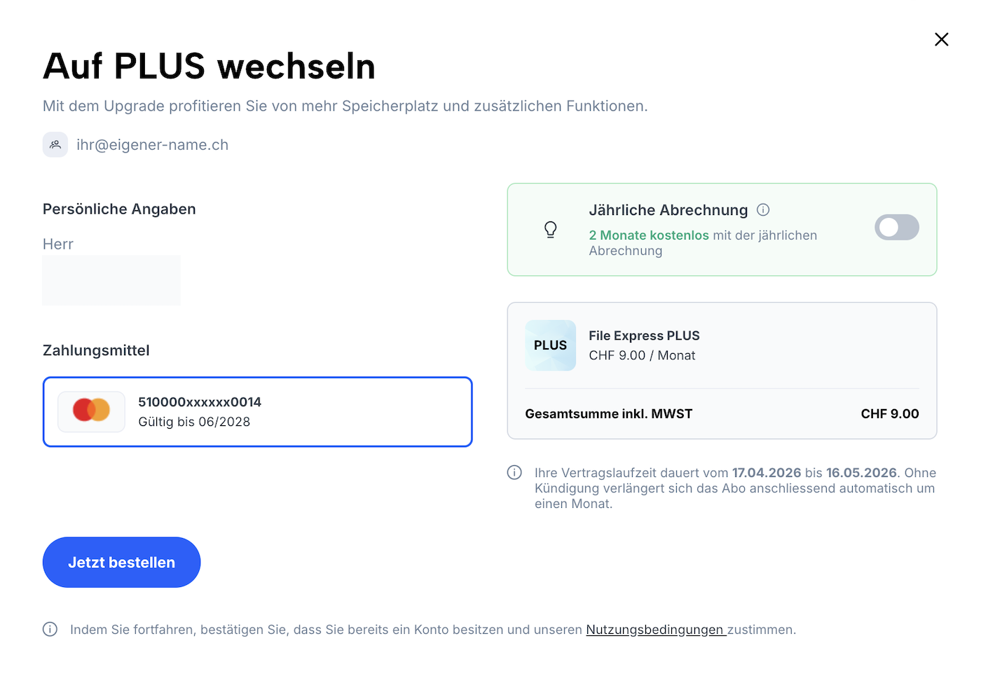 Overlay mit allen wichtigen Informationen zum Upgrade des Abos  (persönliche Daten, Zahlungsmittel, Preis).