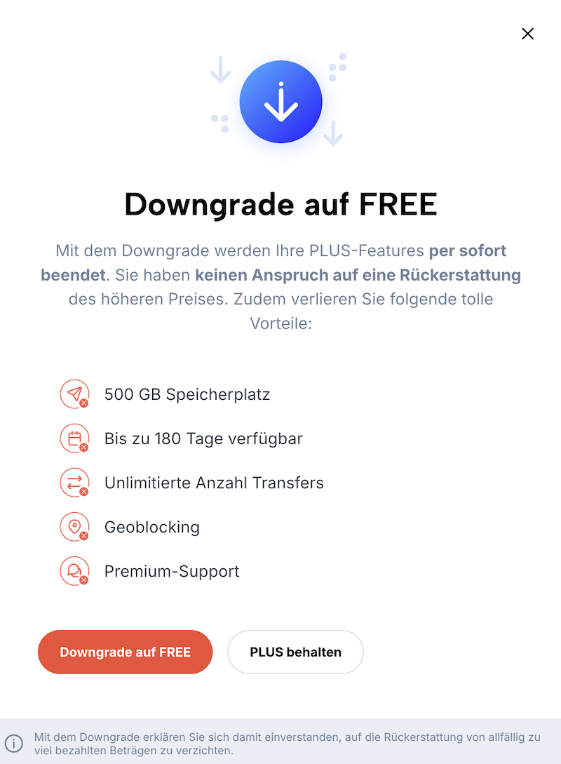 Overlay zur Bestätigung des Downgrades auf ein günstigeres Abo.