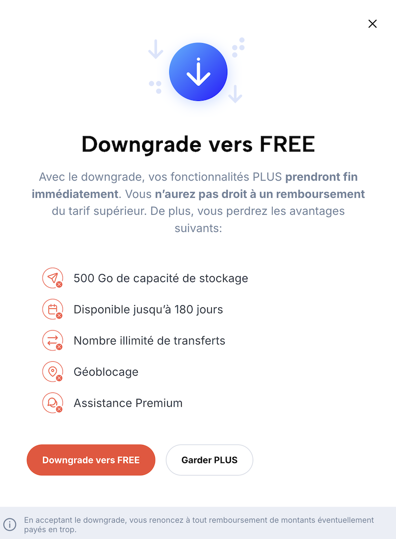 Overlay pour confirmer le downgrade vers un abonnement moins cher.