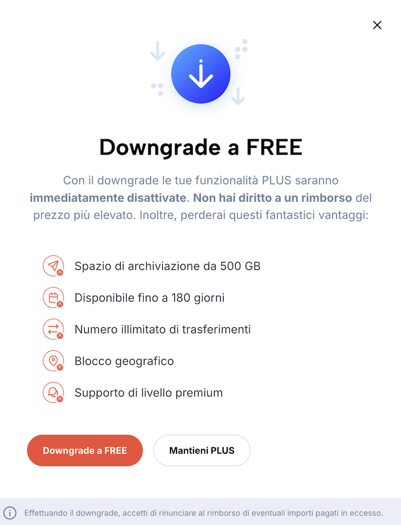 Overlay per confermare il downgrade a un abbonamento più economico.