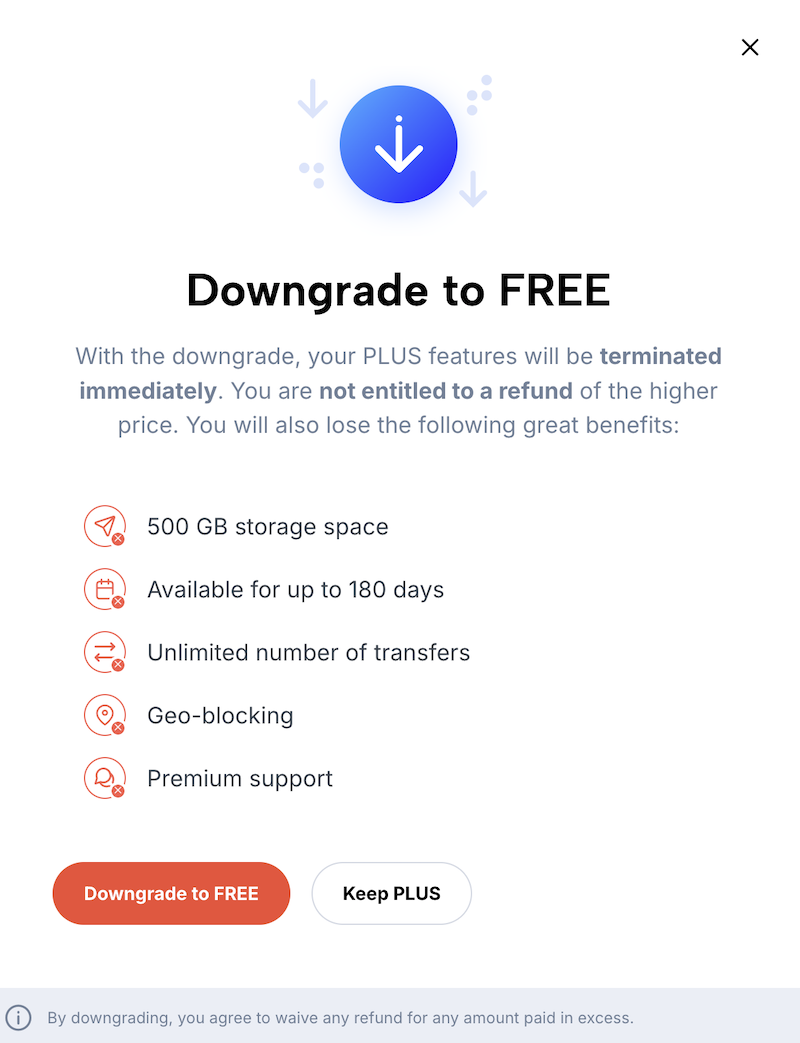 Overlay to confirm downgrade to a cheaper subscription.
