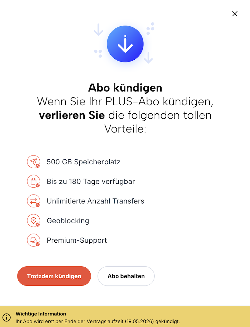Overlay zur Bestätigung der Kündigung des Abos.