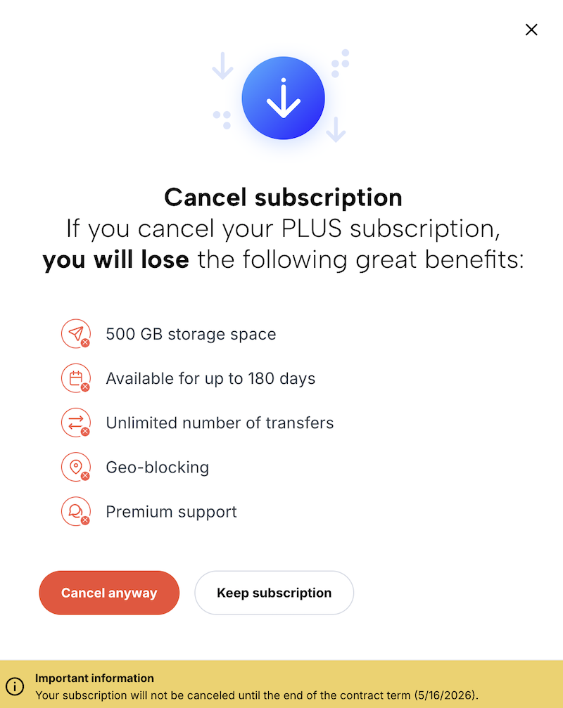 Overlay to confirm the cancellation of the subscription.