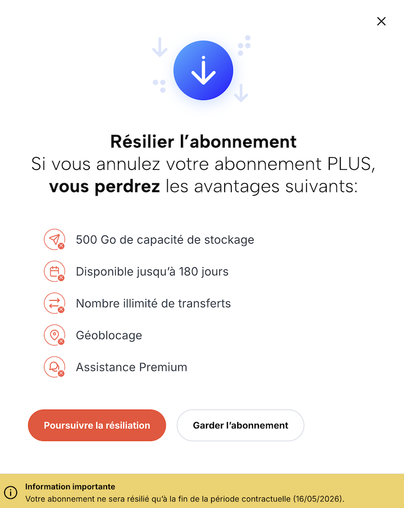 Overlay pour confirmer la résiliation de l’abonnement.